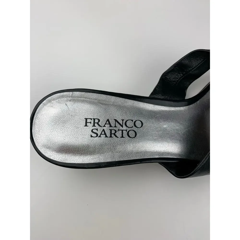 Franco Sarto Plush Sandals Slip On Black Leather Thong Heels Women's 8.5